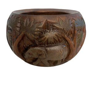 African Handcarved 3D Wood Elephant Serving Trinket Bowl